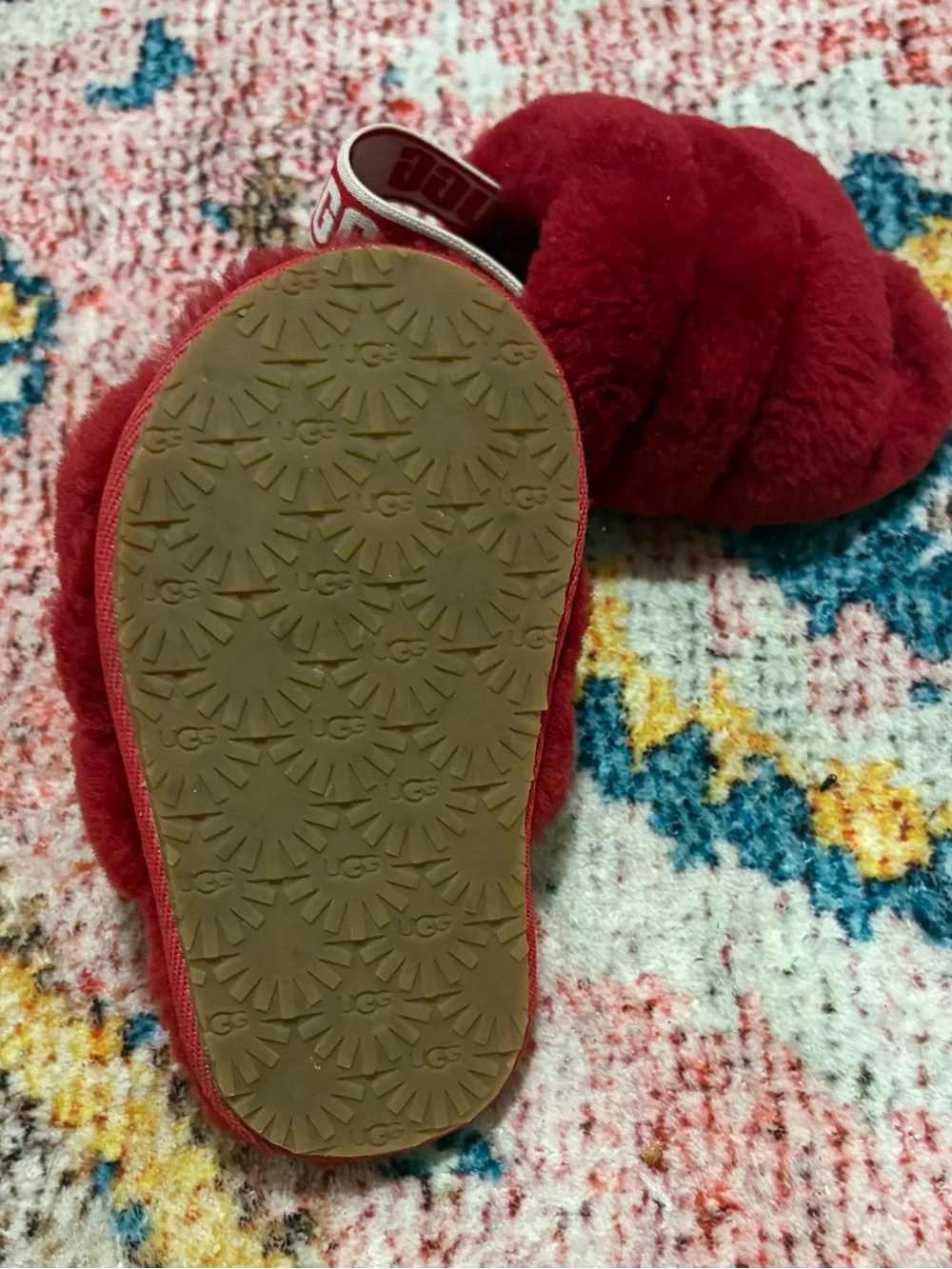 UGG Red Plush Fur Slide Sandals with Branded Strap